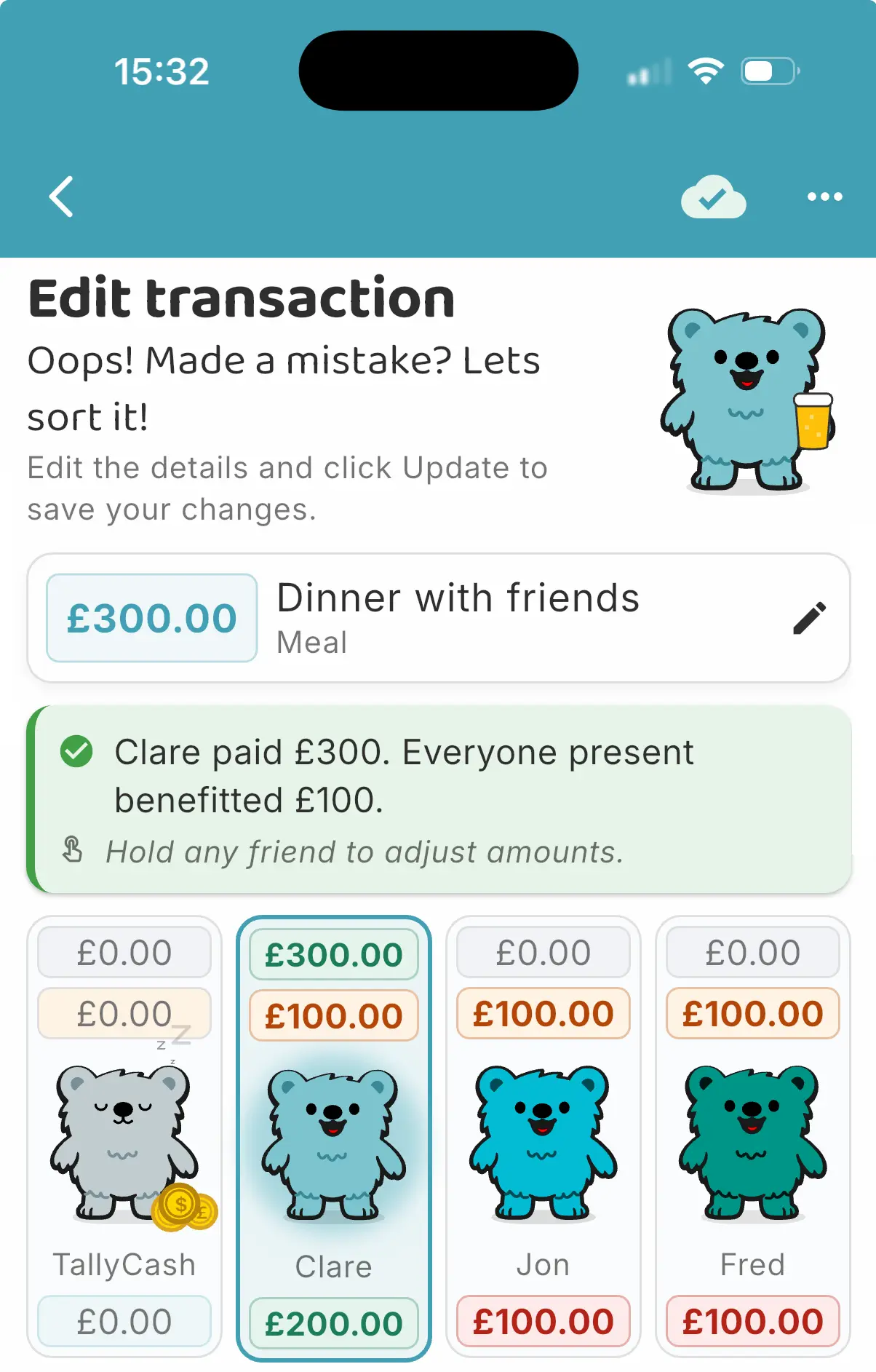 Example of splitting a £300 dinner bill between three friends using Tallykins