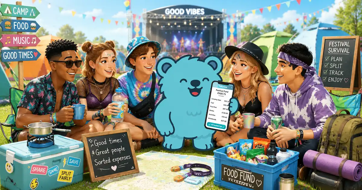 Group of friends having fun at a festival with the Tallykins group expense tracker splitting things fairly.
