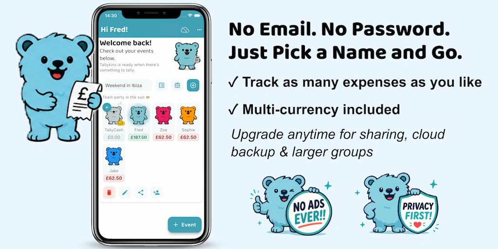Tallykins app screenshot showing shared expense tracking between friends