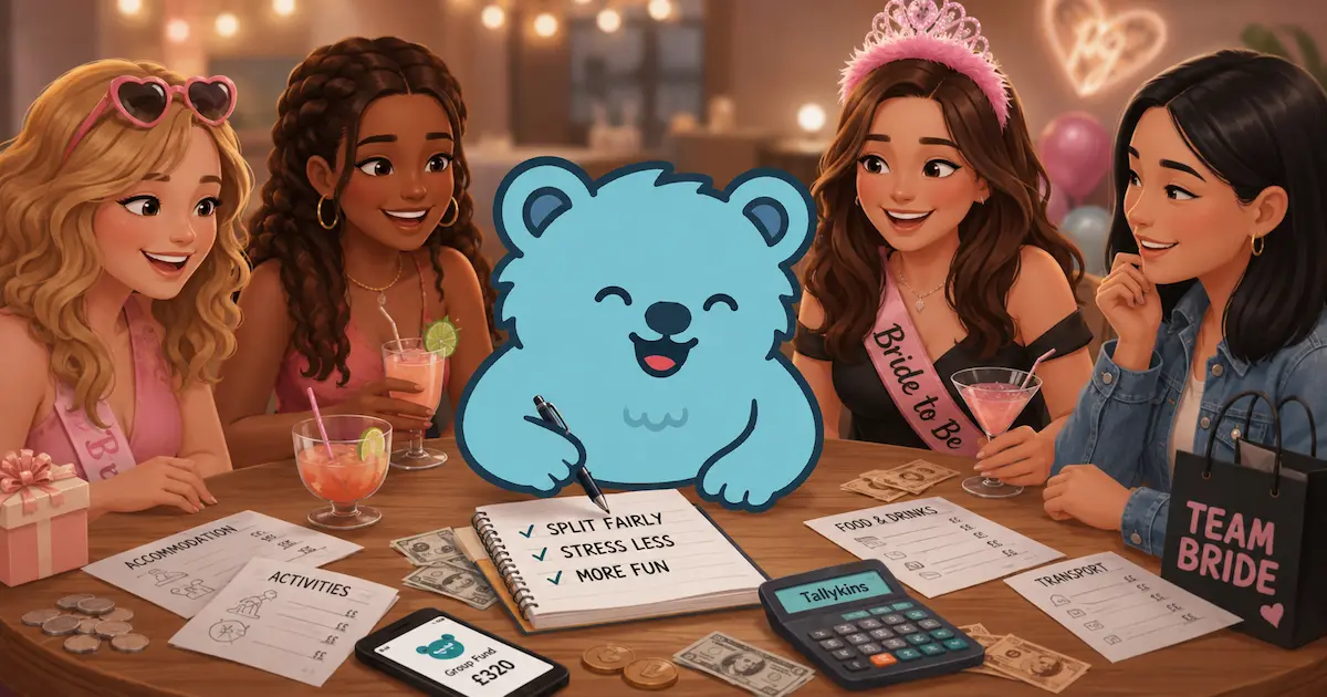 Hen party group and bride to be around a table with drinks having fun managing the party expenses using the Tallykins app