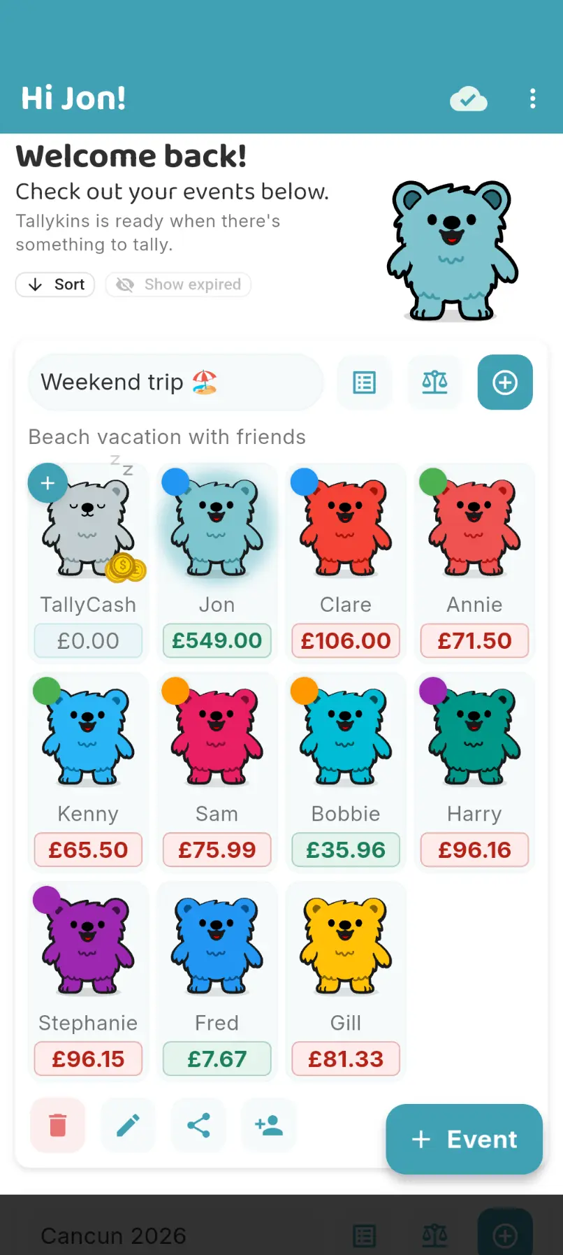 Tallykins app showing shared expense balances