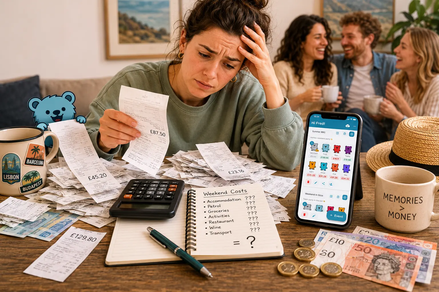 Scene showing person struggling to calculate costs between friends with a pen, paper, and calculator, surrounded by receipts and bills — a common scenario that Tallykins helps to avoid