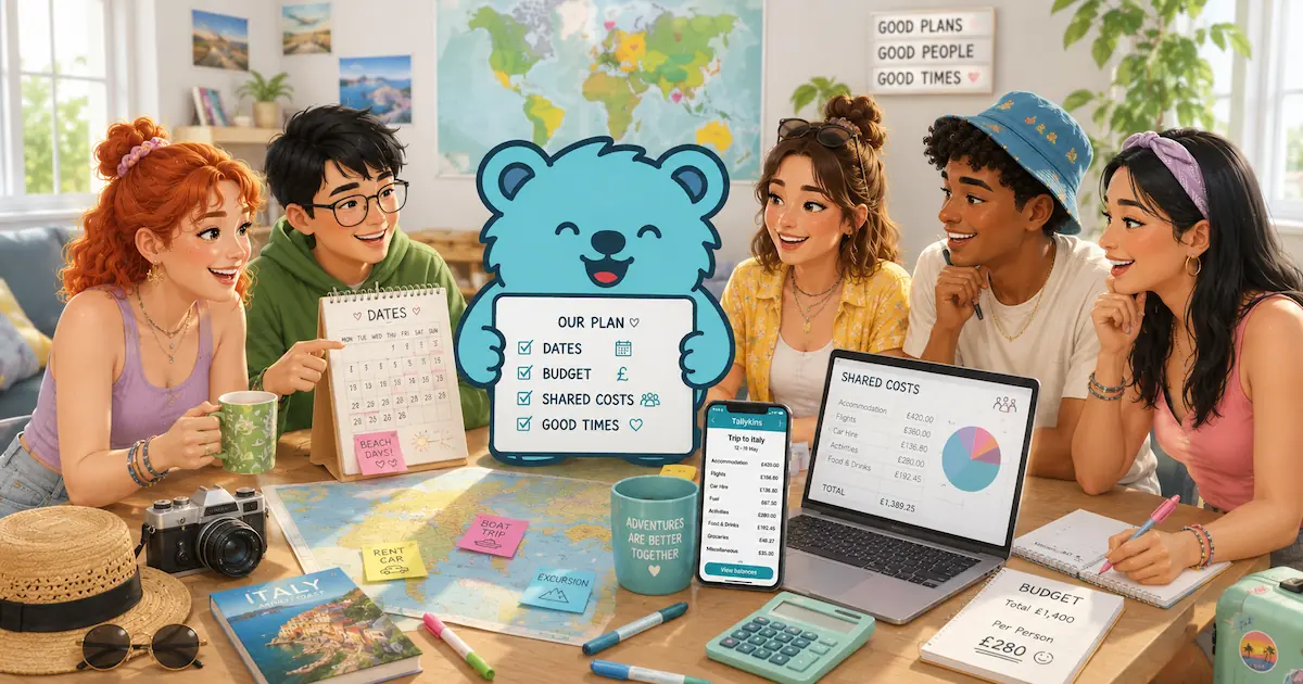 Group of friends planning a holiday together, organising dates, budget and shared costs