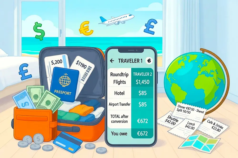 Hotel room scene showing suitcase and passport. Plane in the background through the window. Represents international travel and group trips across multiple currencies.