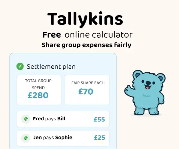 Interface preview of the Tallykins expense calculator showing a split bill summary and a simplified group settlement plan.