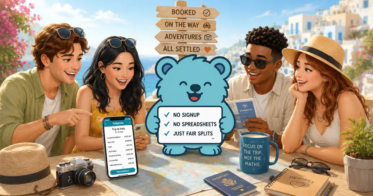 Group of friends on a trip reviewing shared expenses on a phone using Tallykins