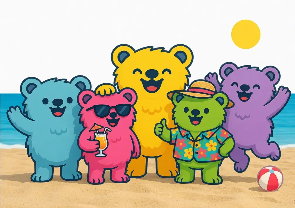 Beach scene showing friends on a weekend away together. Happy because they used Tallykins to track their shared costs and split expenses fairly.