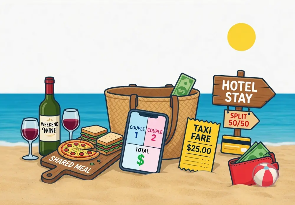 Beach scene showing shared weekend away expenses including meals, wine, taxi fare and a phone screen showing Couple 1 and Couple 2 group settlement